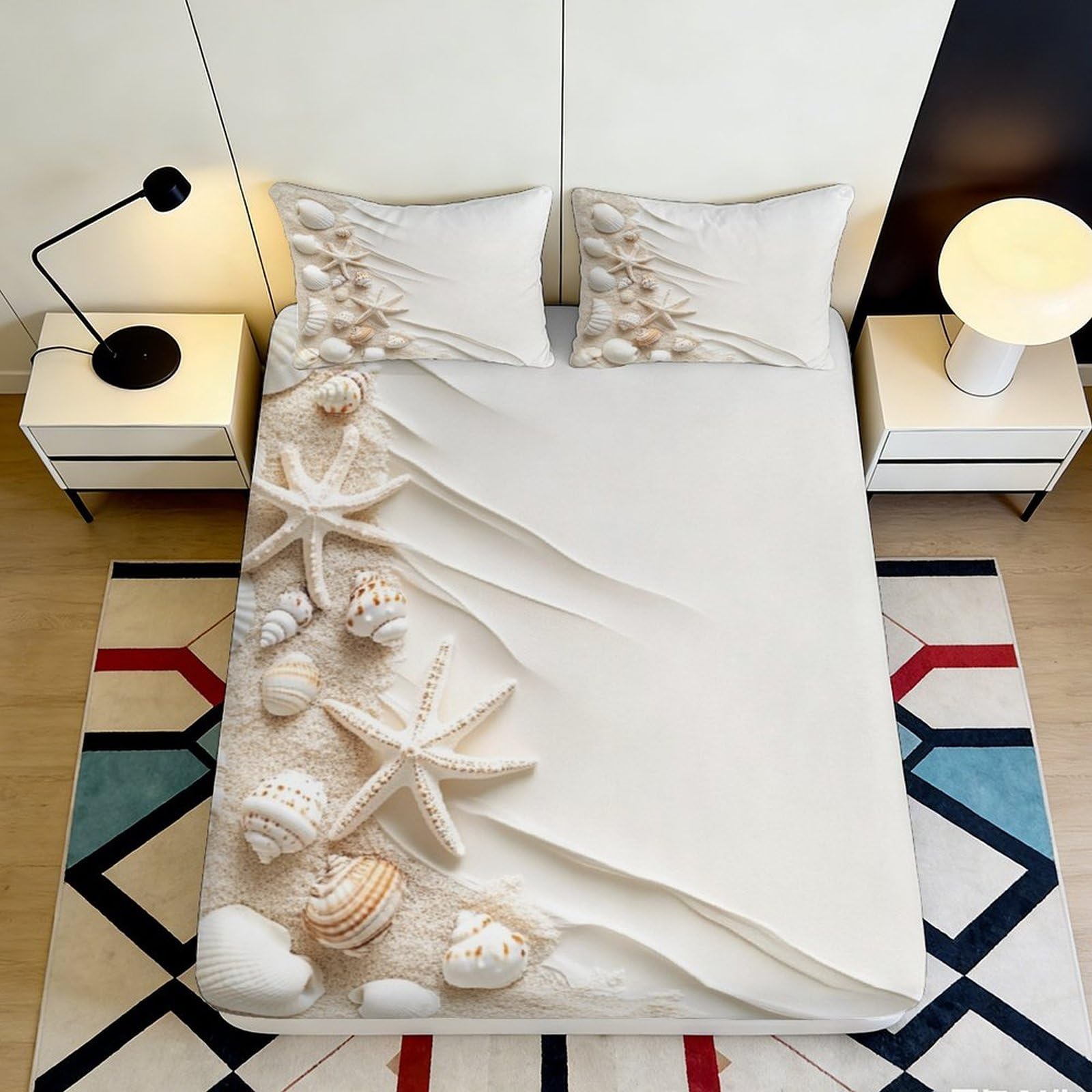 Uynsixtme Style-8 3D Printed Seashell Starfish Fitted Sheet Microfiber Deep Pocket Bedroom Bedding Seashell Mattress Fitted Cover Non-Slip Washable 140X200x25cm
