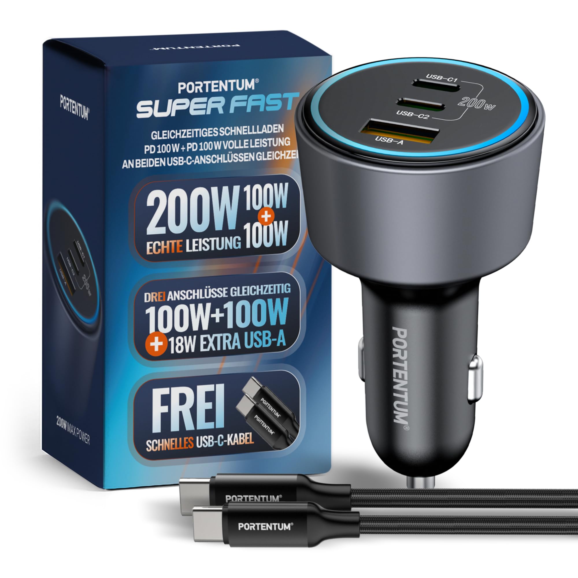 PORTENTUM Zigarettenanzünder USB C 200W + 100W USB-C Kabel – Triple Auto Ladegerät – Dual USBC PD 100W + USBA QC 18W – 12V USB Adapter Auto für iPhone iPad MacBook Android Tablet Smartphone