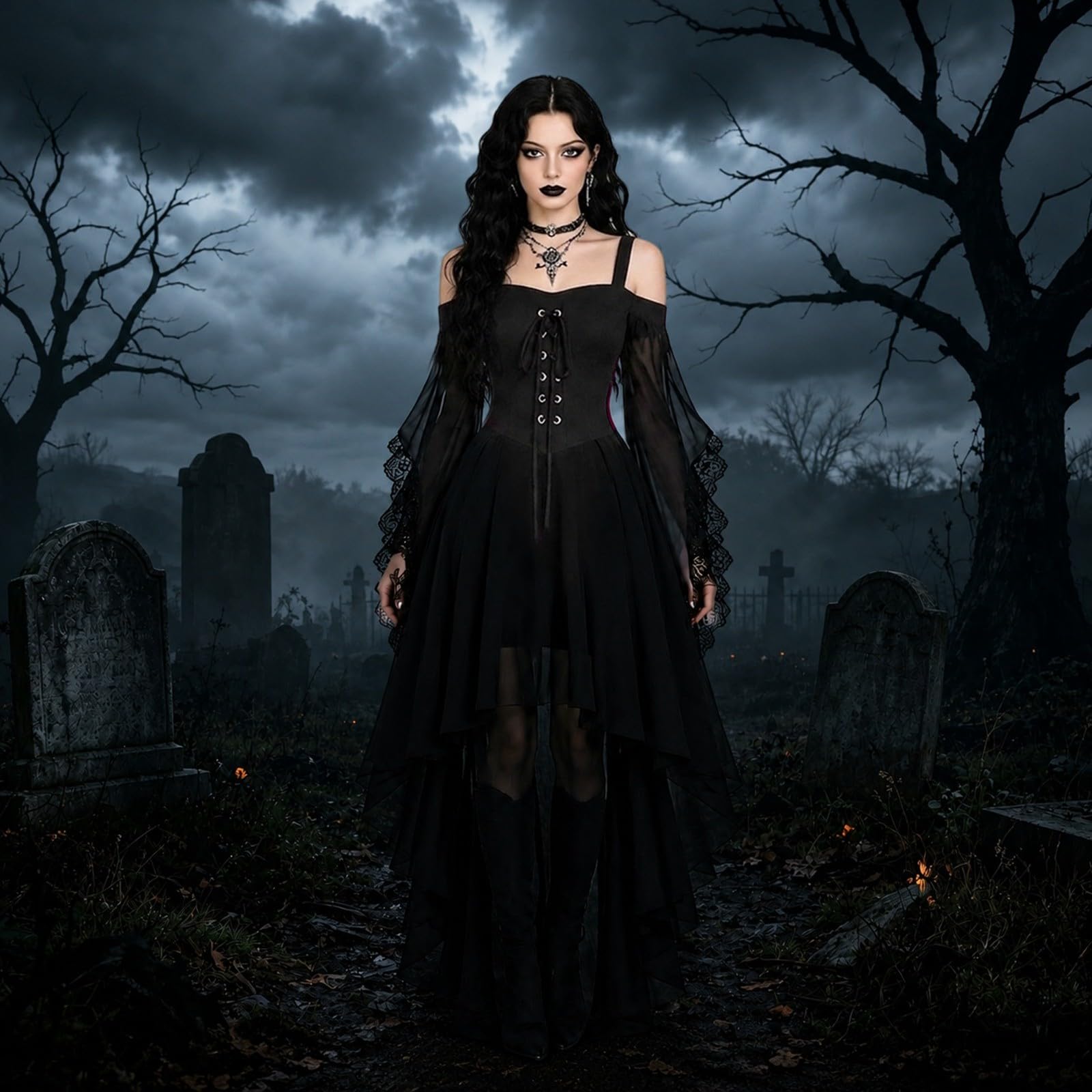 Halloween Costumes Adult Women Cold Shoulder Strap Gothic Dress A-Line Mesh Patchwork Medieval Costume Ladies Vintage Steampunk Lace Up Renaissance Irregular Hem Plus Size Gothic Witch Dress