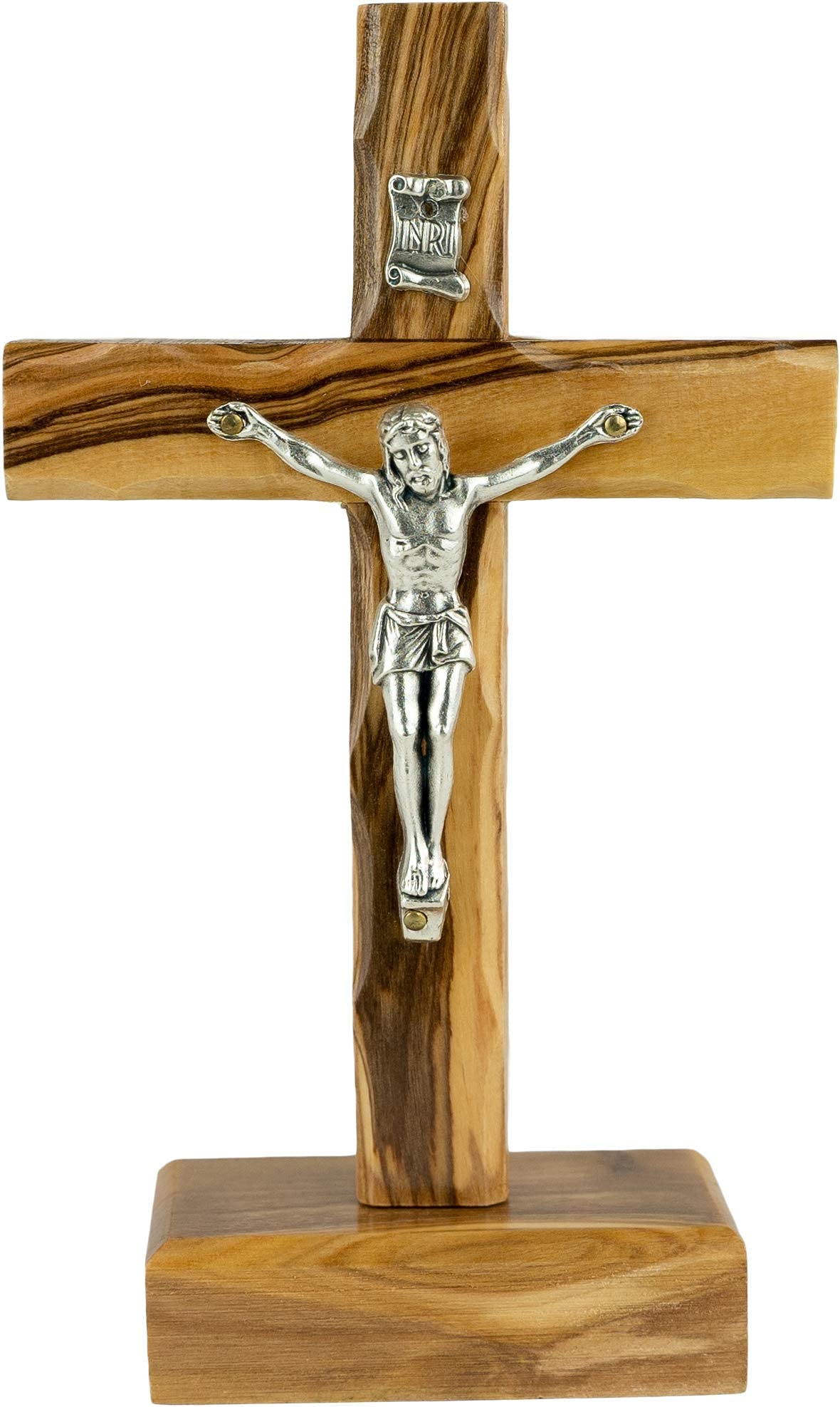 Catholic Standing OR Hanging Crucifix Cross, Certified Olive Wood Home Décor Table and Wall Cross from Jerusalem, Israel, Holy Land Tabletop Jesus Crucifixion Cross for Desk, Crucifijo Católico Cruz