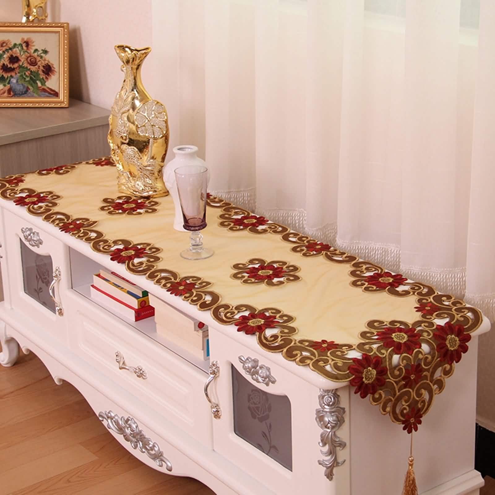 Tischläufer Rot Hochzeit, Tischläufer Herbst Hochzeit Gelb 40x200CM Hohle Stickerei Blume Polyester Table Runner Tischdeko Wohnzimmer Küche