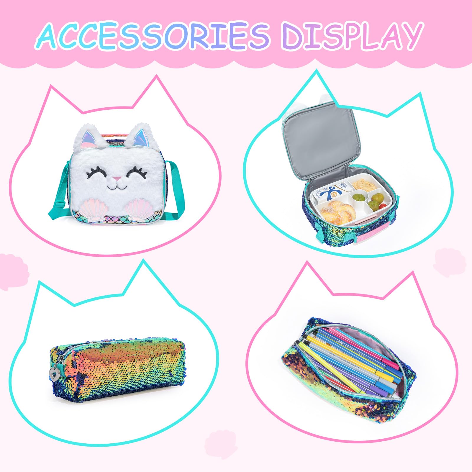 Mochilas Escolares con Gatos Ruedas Carro Niña 17" 3PCS Mochila Carrito para Trolley Escolar Bolso Viaje Estuche Stitch Mujer Maleta Colegio Grande Medianas Infantil Niñas Peluche Champán