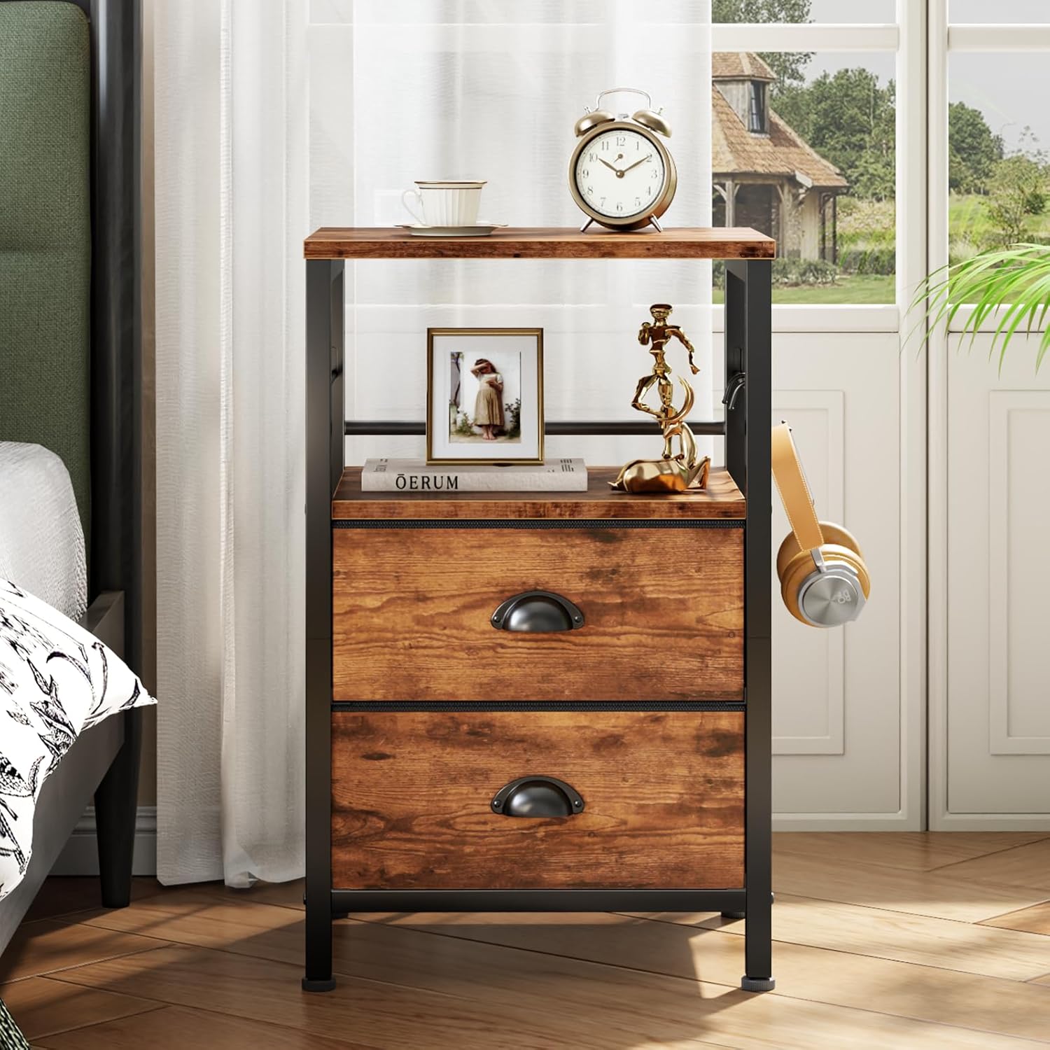 Furologee Nightstand with 2 Fabric Drawers, Night Stand with 2-Tier Shelf, Bedside Table with Hooks, Open Wooden Shelf, End Table for Bedroom, Backboard Design, Metal Frame, Rustic Brown