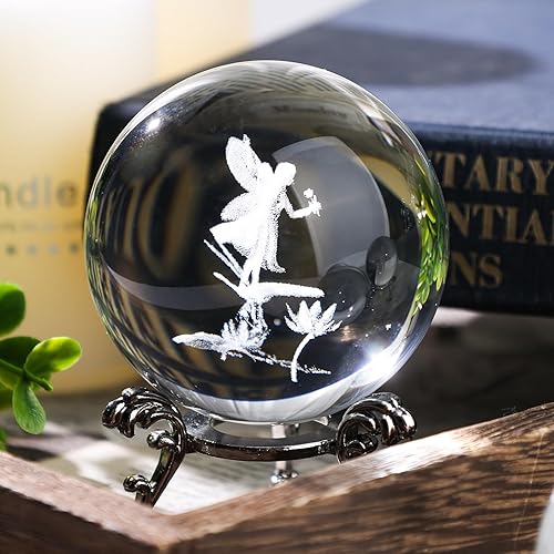 Miniatura 3 de DomeStar Bola de cristal con soporte, bola de cristal láser 3D de hada, libélula de cristal, pisapapeles para regalo de cumpleaños, hogar, deshierbe