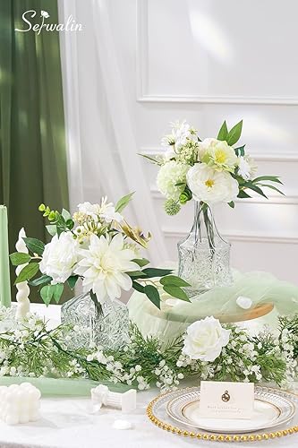 Miniatura 10 de Serwalin Juego de flores artificiales blancas, rosas falsas de espuma de seda para bricolaje, ramos de tartas de boda, centros de mesa, arreglos de