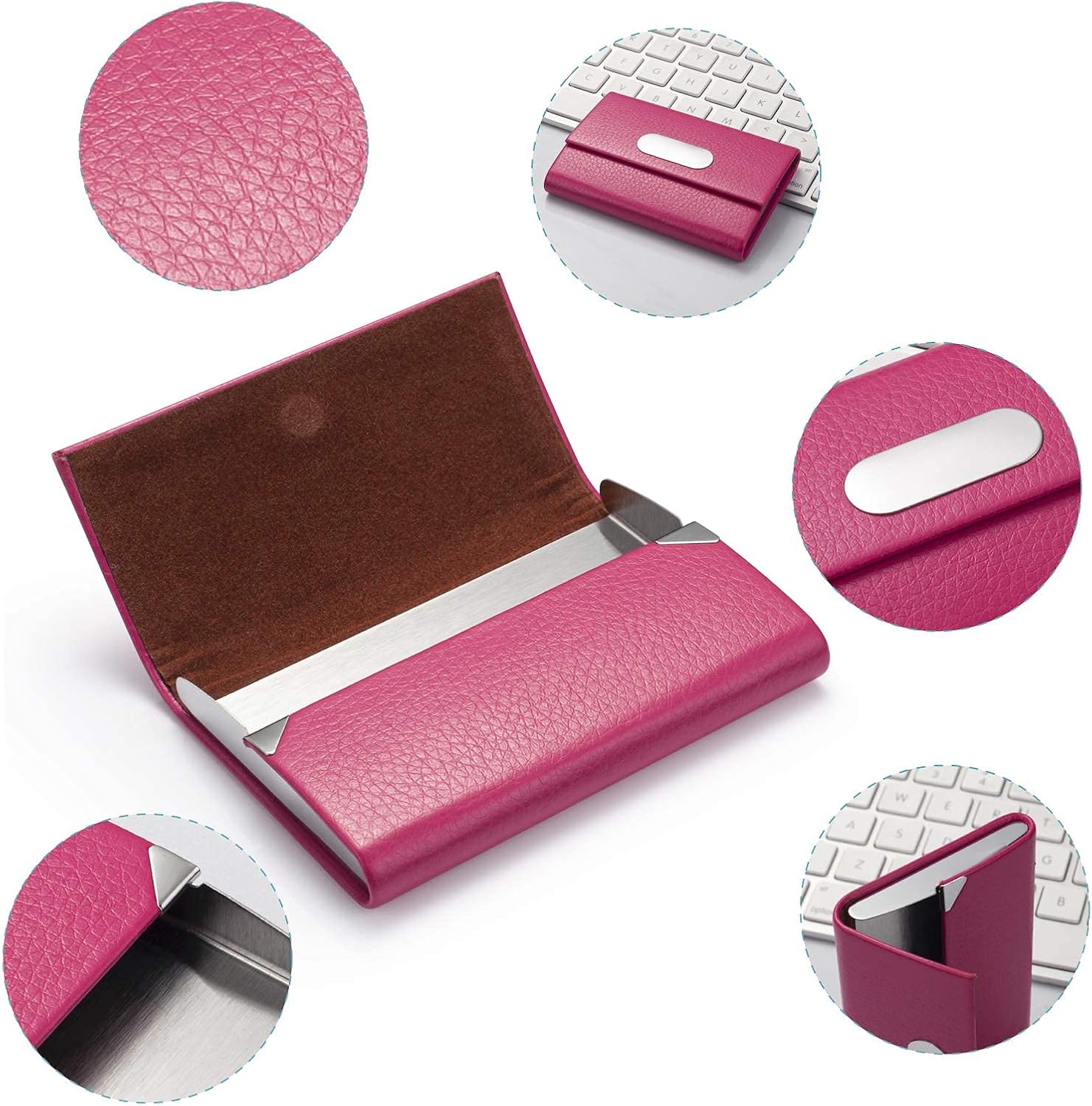 Business Card Holder For Women, PU Leather Slim Business Card Case - Business Card Carrier ID Case/Wallet Pocket Business Name Card Holder for Women and Men - Image 4