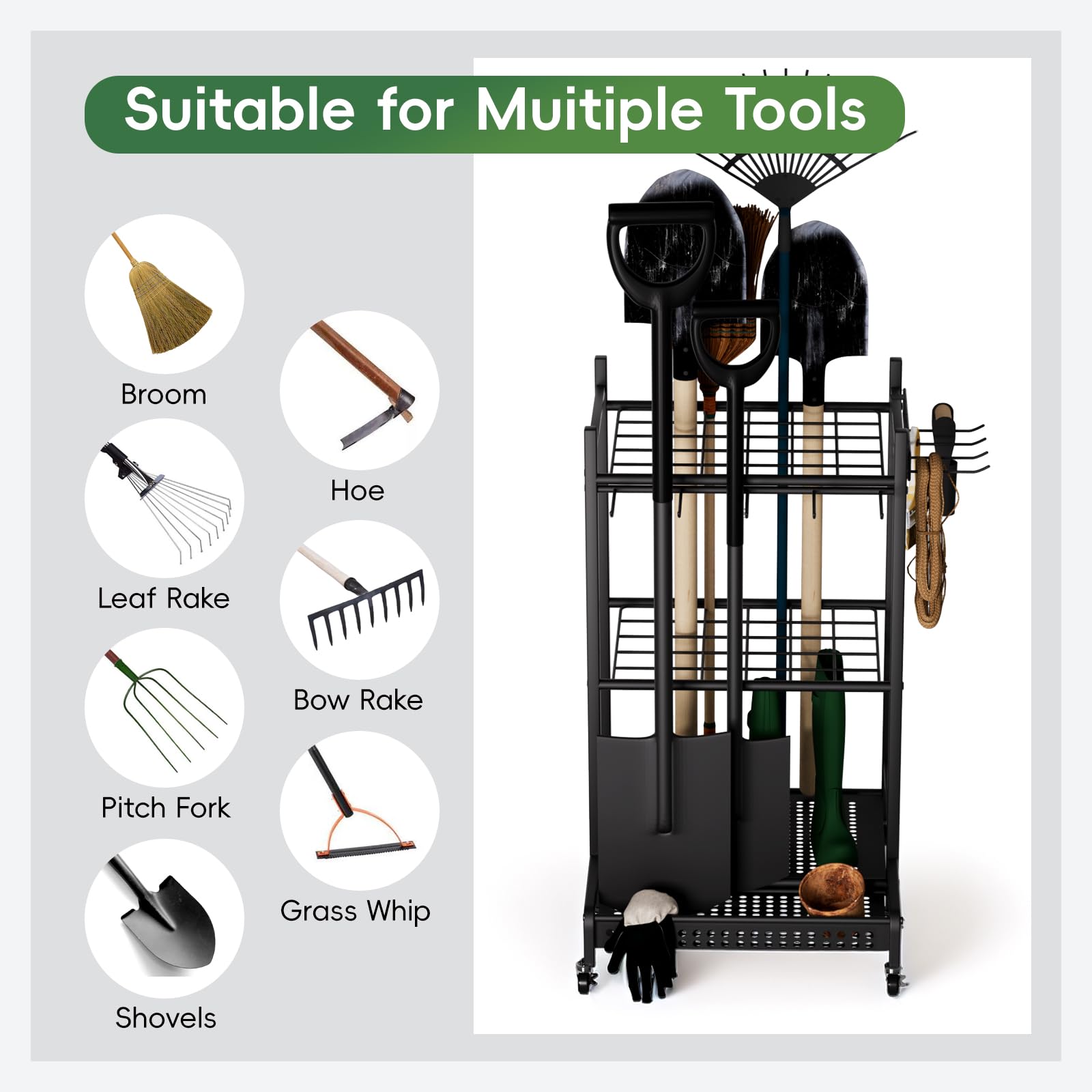 Organizer per attrezzi da giardino, Organizzazione Stoccaggio Riparo Esterno per Attrezzi, Rastrelli, Scope a Manico Lungo da Officina, per garage e garage, organizer da giardino , 50 x 43 x 79cm