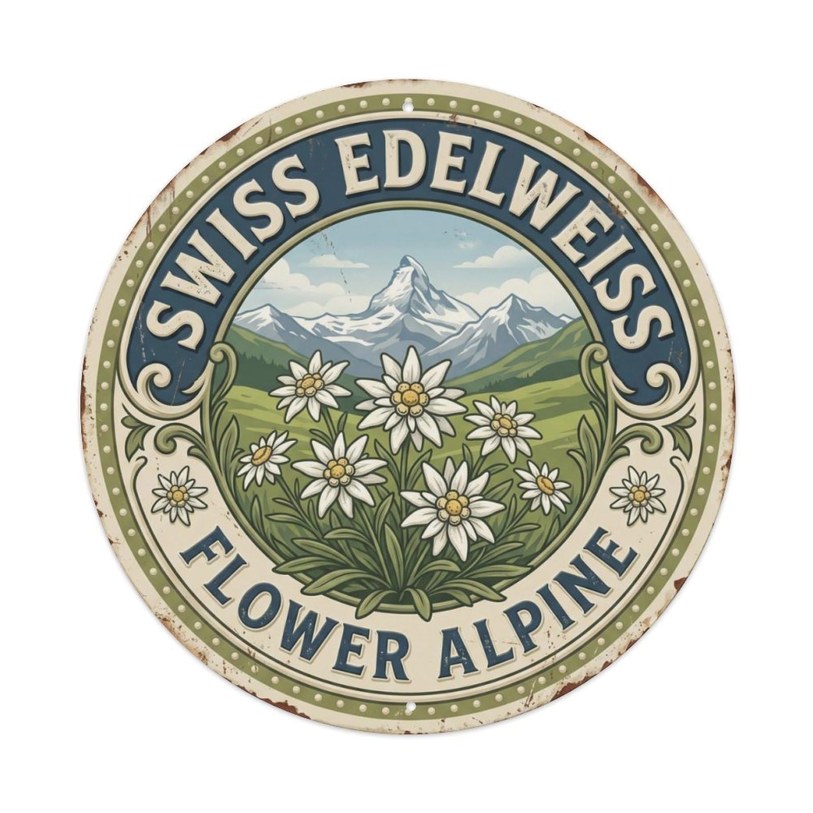 Edelweiss Flower Alpine Switzerland Bloom Vintage Metal Tin Sign Plaque Wall Decor for Cafe, Club, Garden Round Metal Poster 8x8Inch