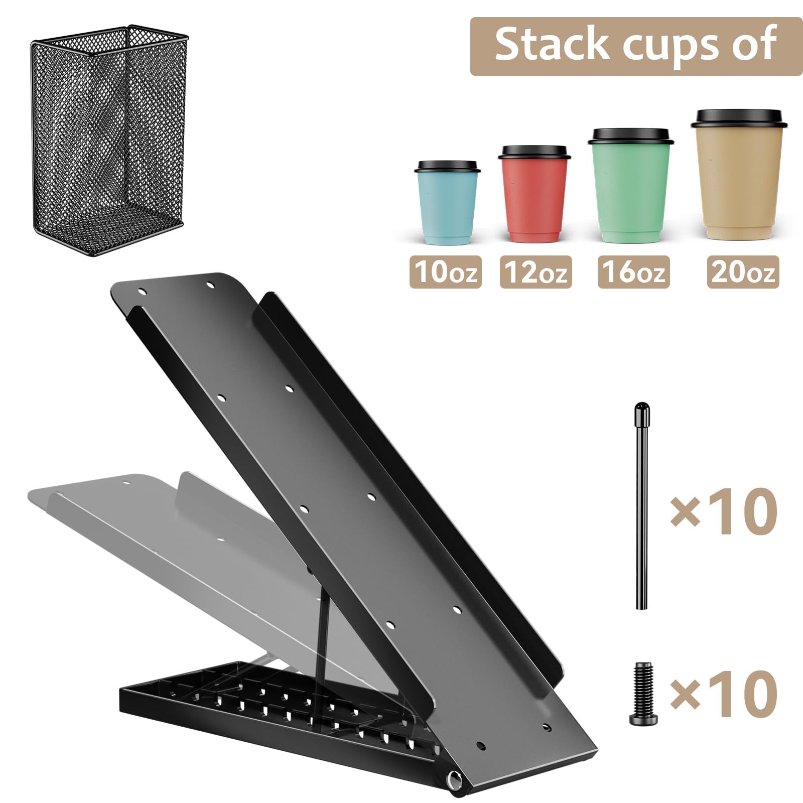 JANE EYRE Portavasos y portavasos ajustable – Organizador portavasos café con dispensador para desechable de 4 compartimentos cesta porta pajitas monodosis para estación de café bar de metal, negro