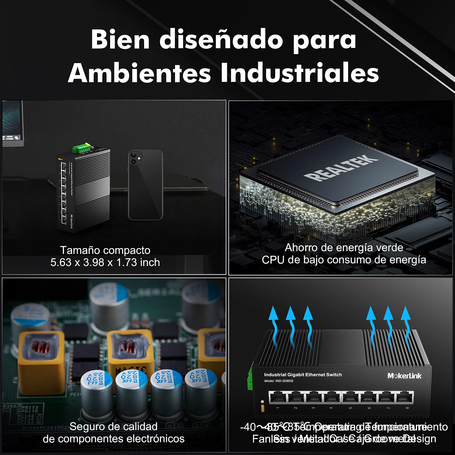 mokerlink 8 Puertos Gigabit Ethernet Switch Industrial de Carril DIN, Capacidad de Conmutación de 16Gbps, No Administrado IP40 (-40 a 185 °F), con Fuente de Alimentación