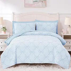 Queen Comforter Set with Sheets for Girls-7 Pieces Queen Bedding Sets with Light Blue Comforter, Sheets, Pillowcases & Shams for Kids (Light Blue Bow Knot, 90" X 90")