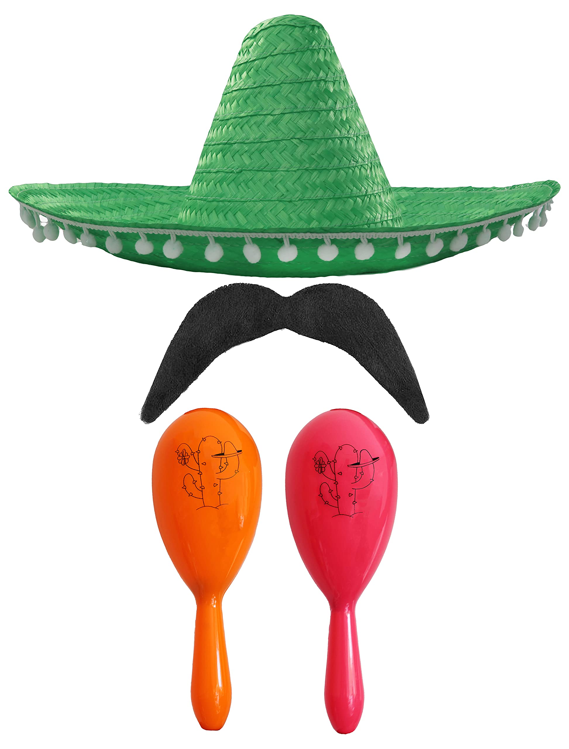 Adults Mexican Accessory Set - Green Mexican Sombrero, Orange & Pink Maracas, Moustache - Mexican Cinco de Mayo Sensorita Bandit Mariachi Fancy Dress Costume Accessory Set — image 1