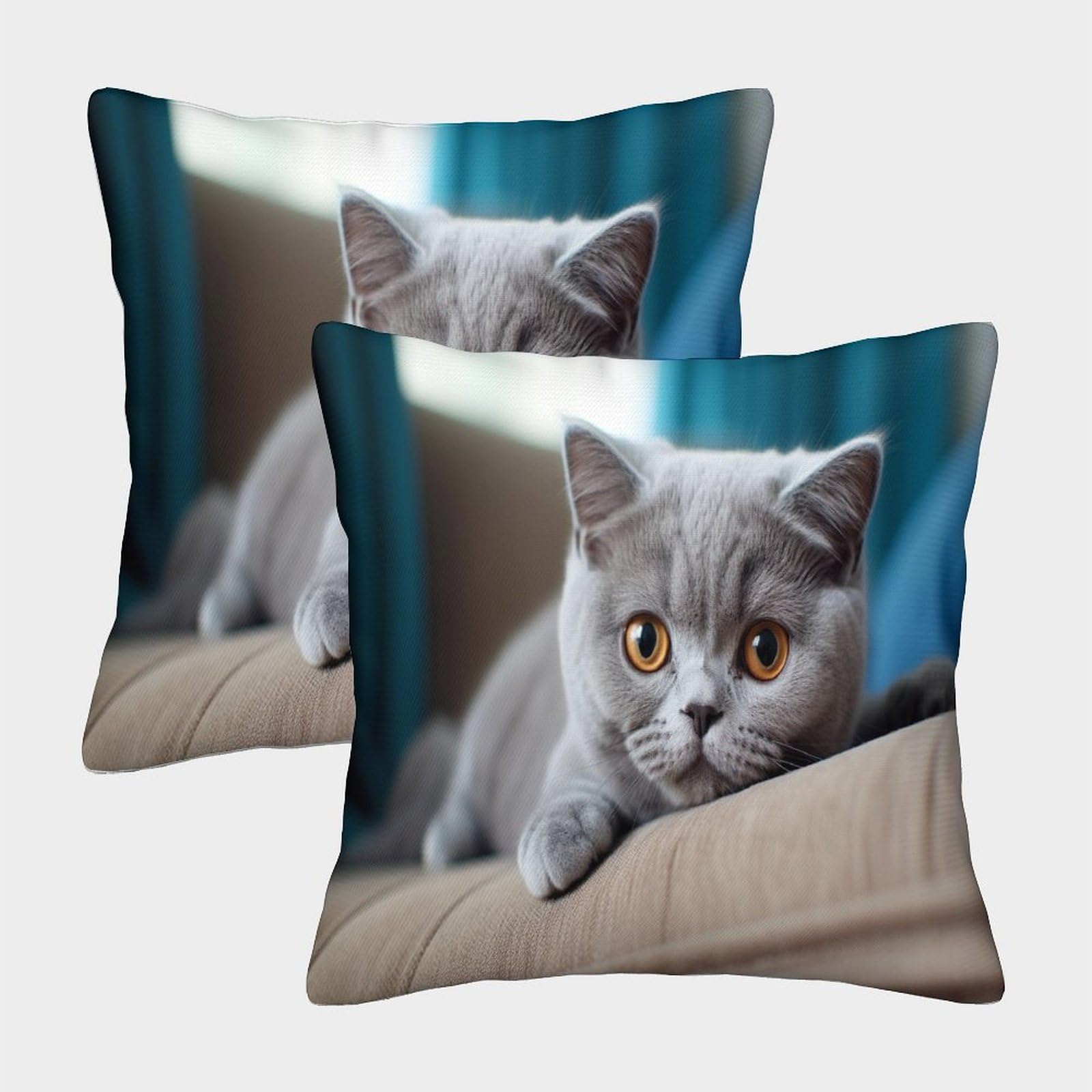 Mefese British Shorthair 3D Printed Square Pillowcases Blue Cat Square Throw Pillow Garden Cushion Super Soft Pack Of 2 For Sofa Couch Bed 40X40cm