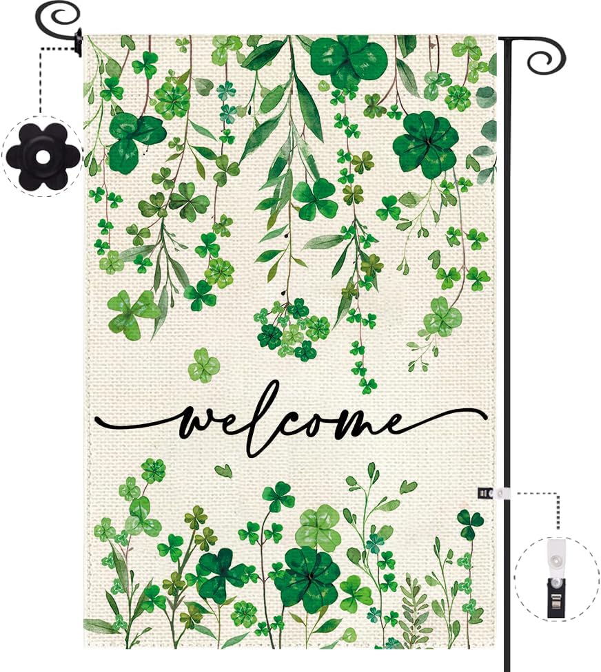 Baccessor St Patrick's Day Welcome Garden Flag 12.5 x 18 Inch Vertical Double Sided Green Shamrock Clover Lucky Small Yard Burlap Spring Rustic Happy Saint Patty's Day Irish Outdoor Decoration
