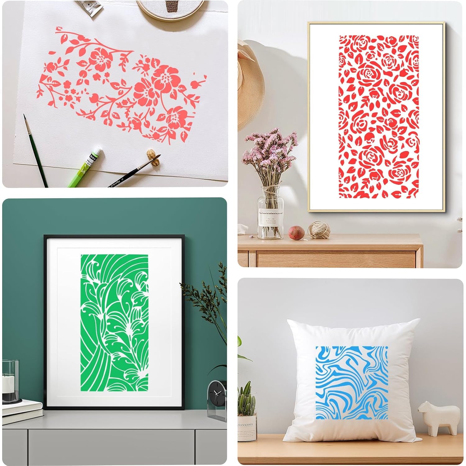 Mandala Soul 24 PCS Stencils for Painting, Reusable Geometric and Floral Painting Stencils Abstract Layering Stencil for Wooden Furniture, Floor Decor, DIY Craft Supplies, Includes Flower and Stripe Patterns 1