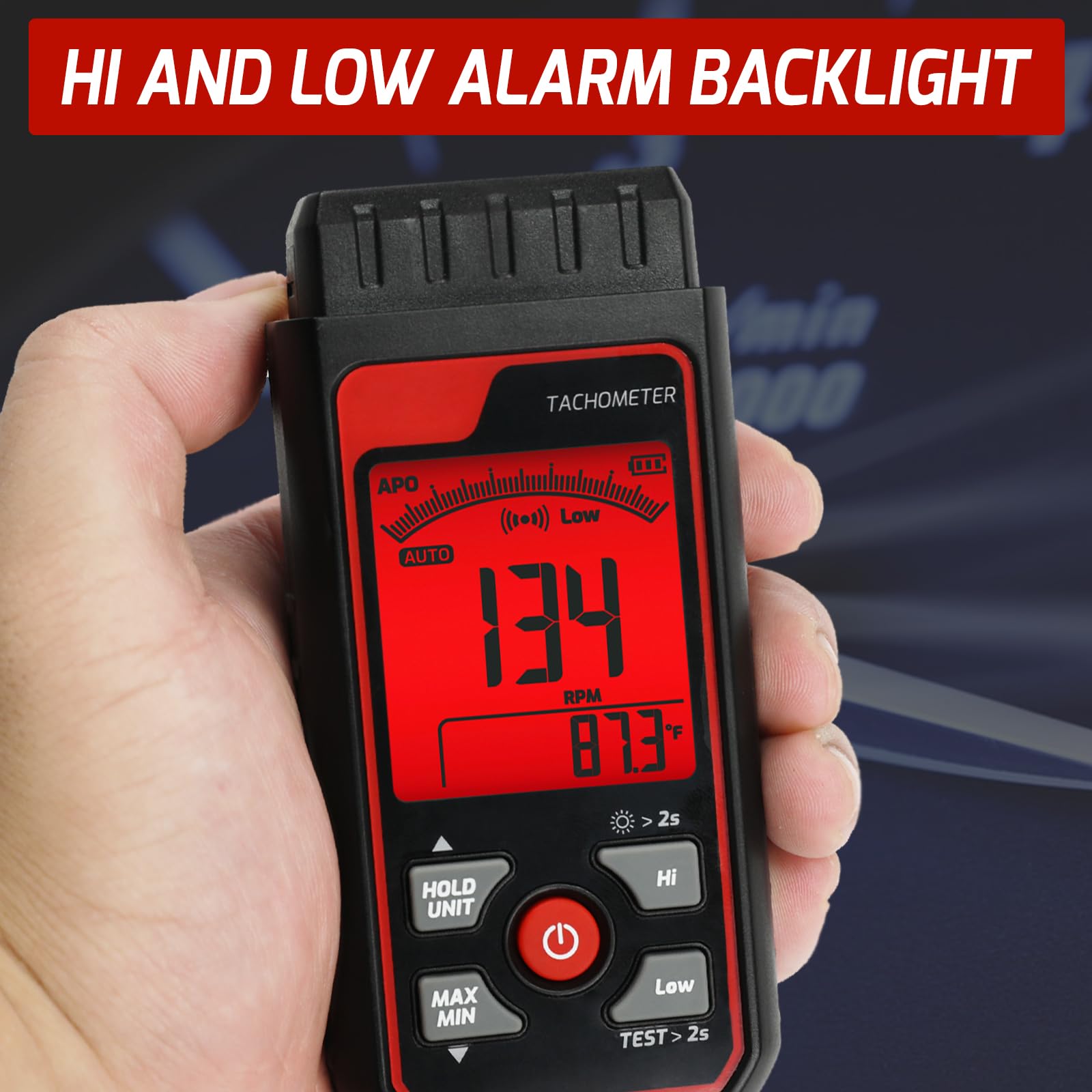 Tachimetro Digitale Senza Contatto RPM Misuratore di Velocità Strumento Laser Foto Tachimetro con 2.5~99999 RPM, Scala a Barre Analogica | Allarmi Personalizzati per Tester di Velocità Motore HVAC