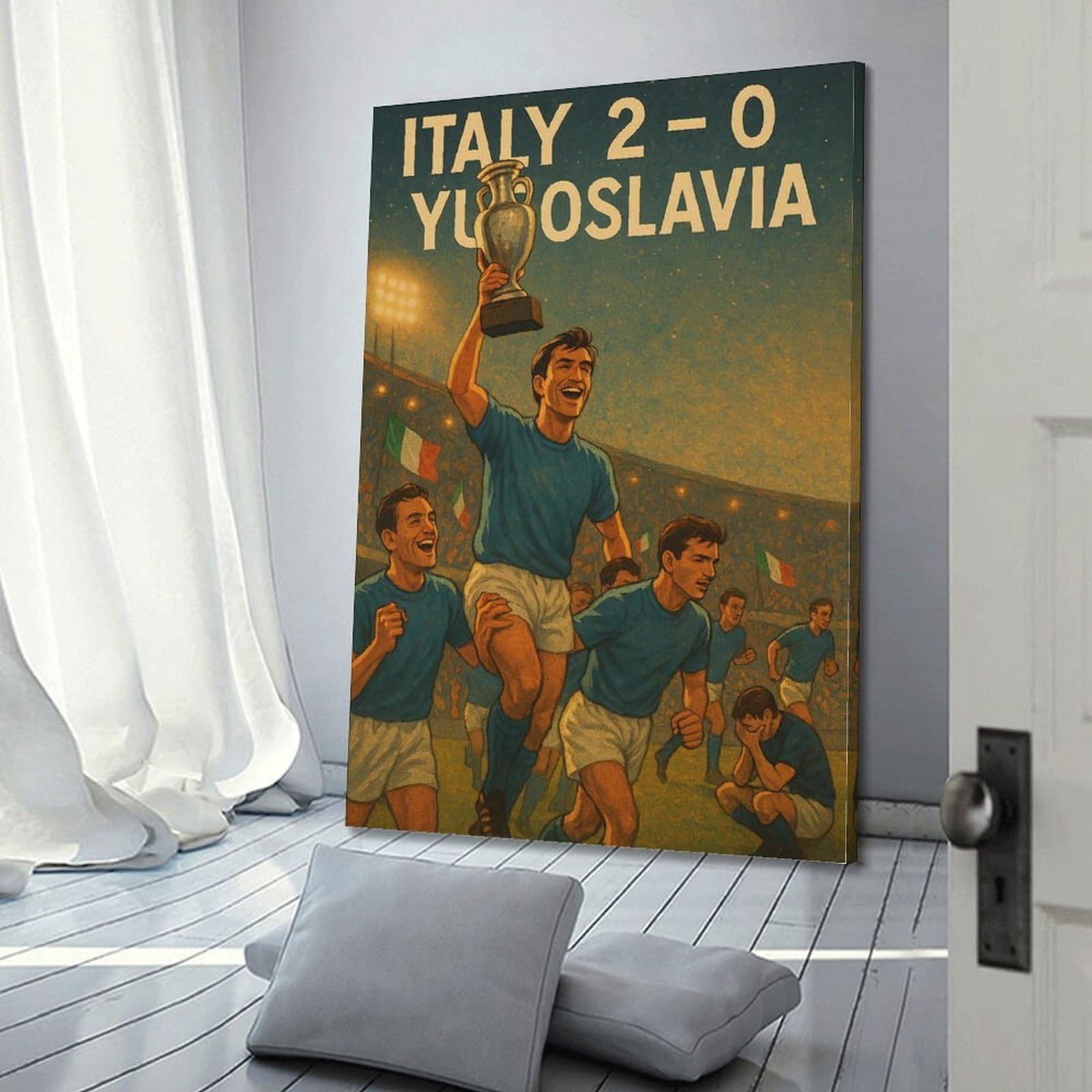 ZlXXYZ Poster su tela per decorazione moderna per famiglia e ufficio, poster su tela, personaggio retrò della squadra di calcio italiana che celebra il campionato con trofeo, 40 x 60 cm, stile cornice