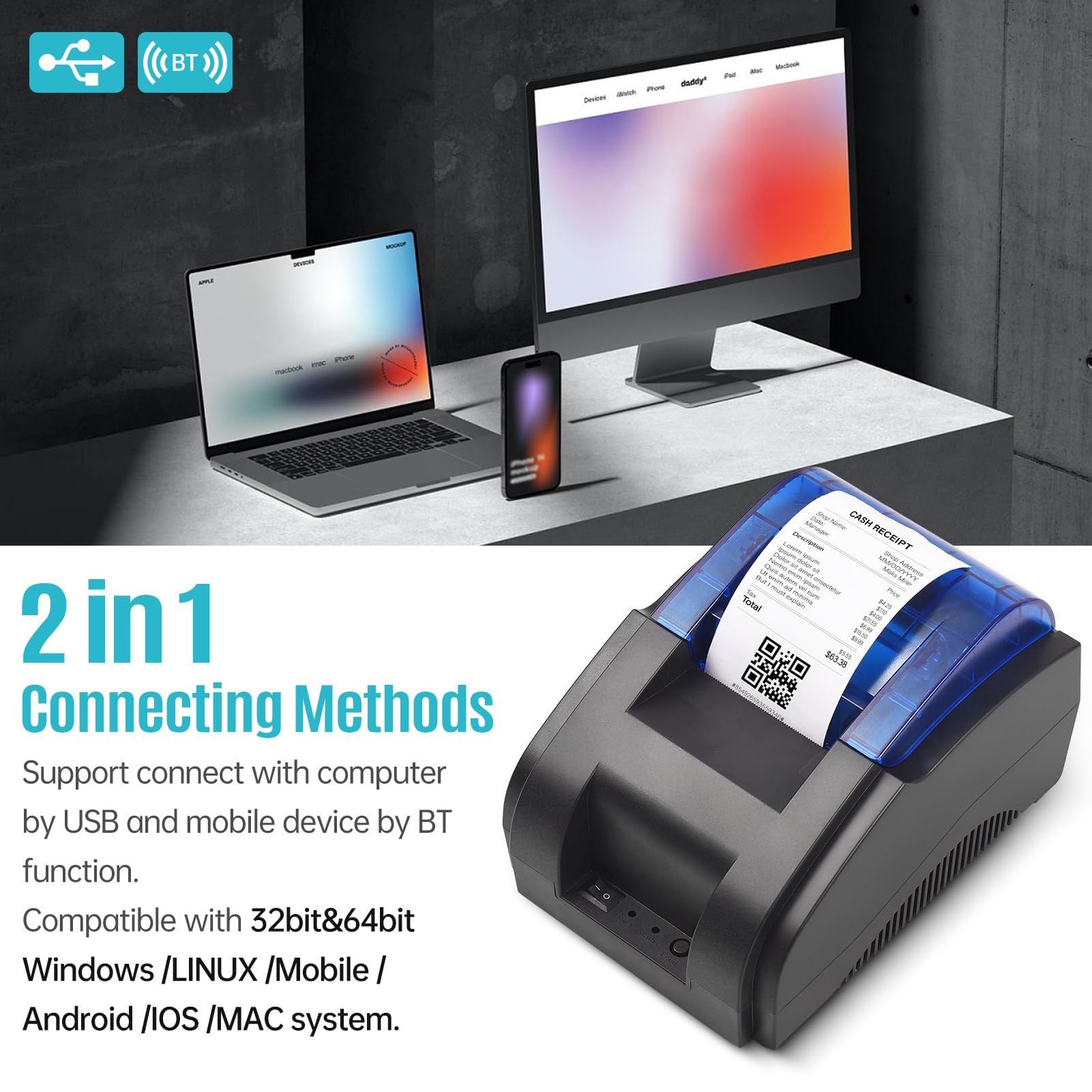 Bisofice Stampante termica 58 mm per Scontrini, Stampante Portatile Bluetooth & USB, Compatibile con Android/Windows, Supporto ESC/POS, per Vendita al Dettaglio