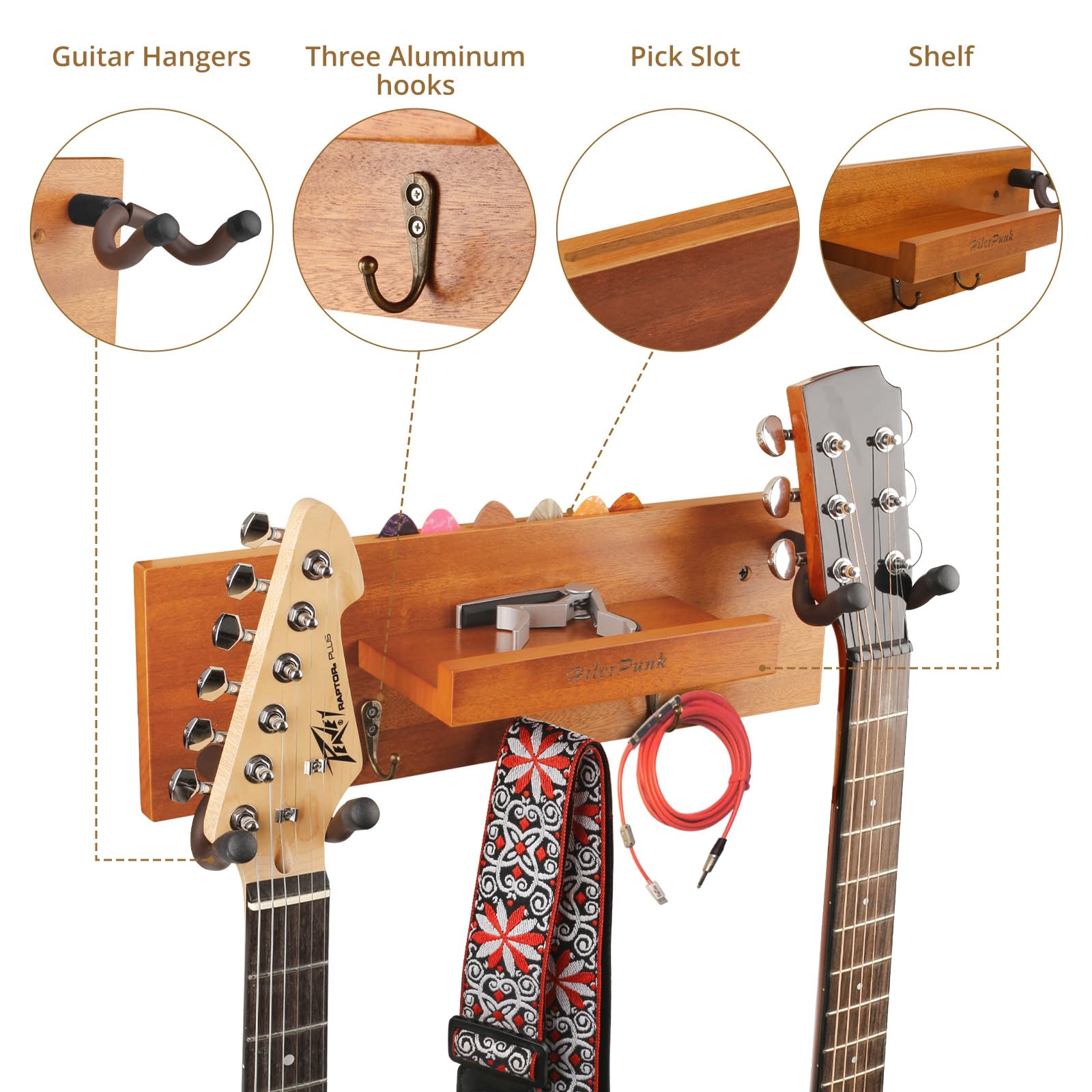 Supporto da parete per chitarra, gancio da parete per chitarra in legno massiccio con 3 ganci e 2 ganci girevoli in gomma per chitarra, espositore per chitarra con ripiano e porta plettri per chitarra