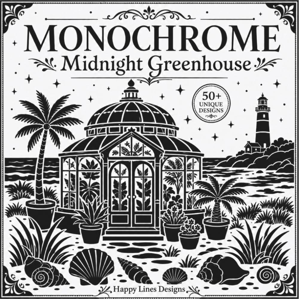 MONOCHROME Midnight Greenhouse: A One-Color Coloring Book of Moonlit Gardens, Cozy Greenhouses, Flowers, and Botanical Escapes