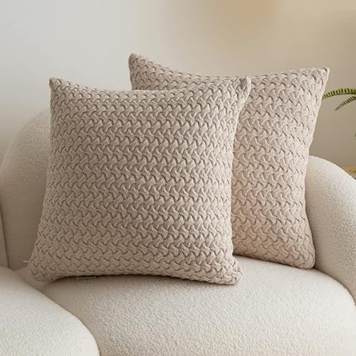 GARLVCAL Beige Knitted Throw Pillow Covers 18 ×18 (2 Pieces), Decorative Pillow Cover for Couch Bed Living Room Square Cotton Pillow Cases with Zipper