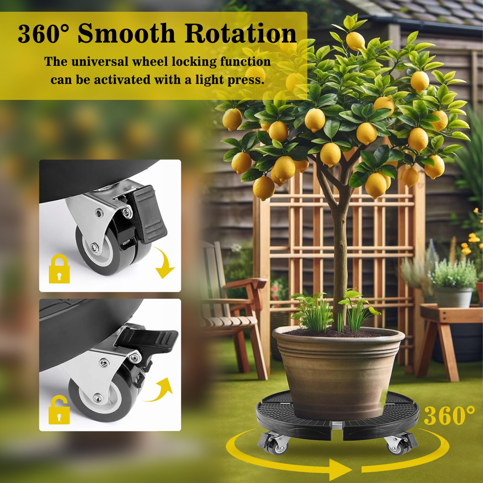 Pflanzenroller Outdoor Wetterfest Ø 38-50cm, Rollbrett Pflanzen bis 200 KG, Blumenroller Rund mit 360° Drehbare Rädern, Transportroller Schwarz für Große Topfpflanzen/Sonnenschirme