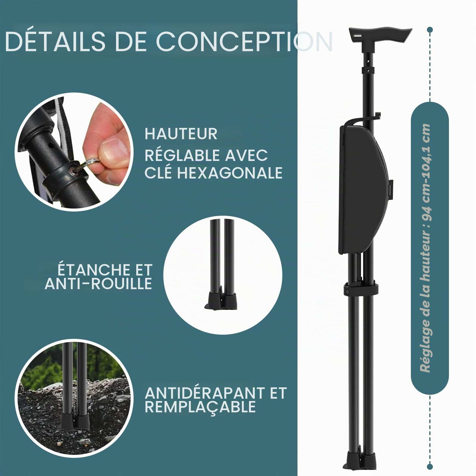 Canne de marche pliable avec siège 95-104 cm, Charge max.: 250 kg