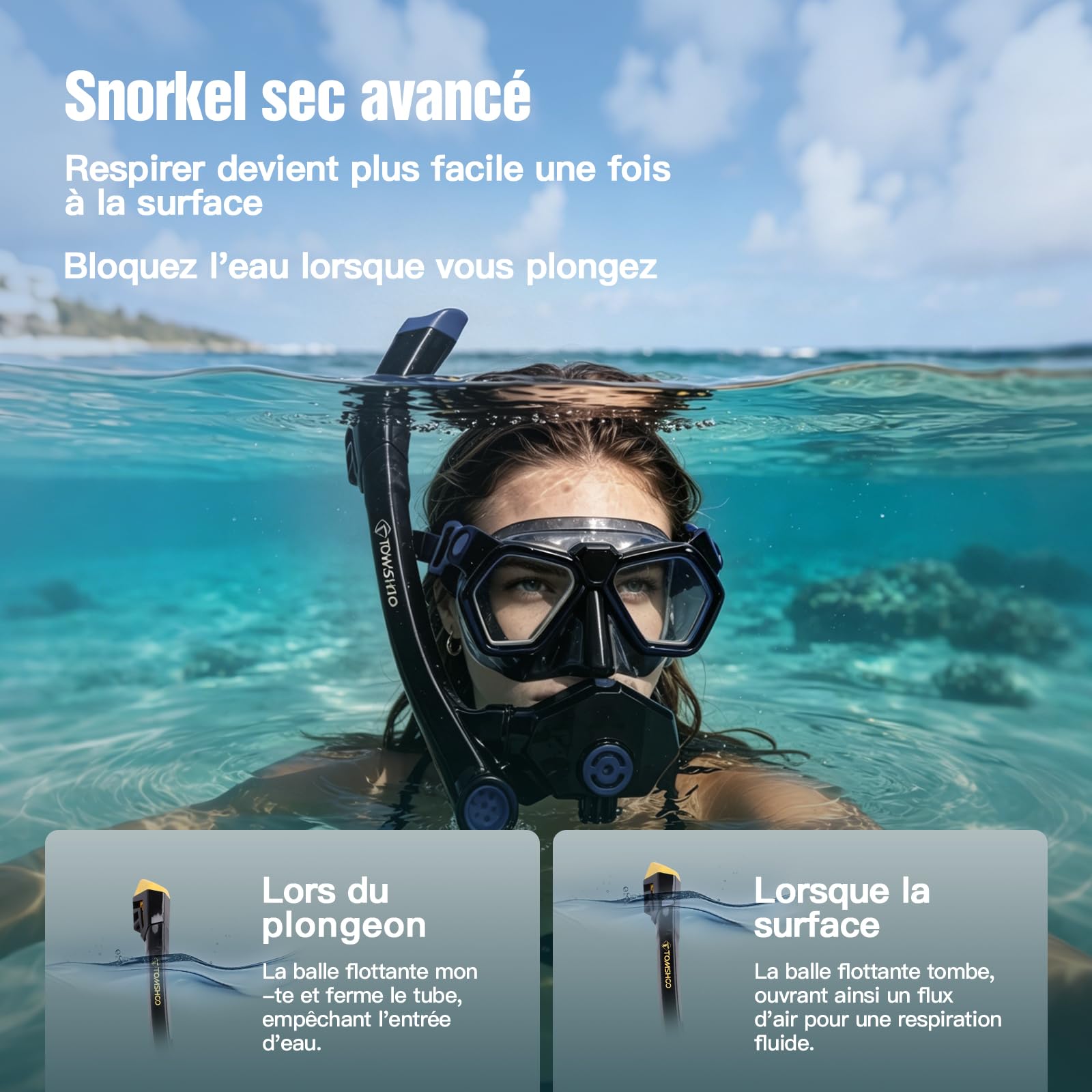 TOMSHOO Kit de plongée avec tuba et masque de plongée, masque de plongée anti-buée avec champ de vision panoramique à 180°, avec tuba Premium Dry à 3 canaux pour la plongée et la natation