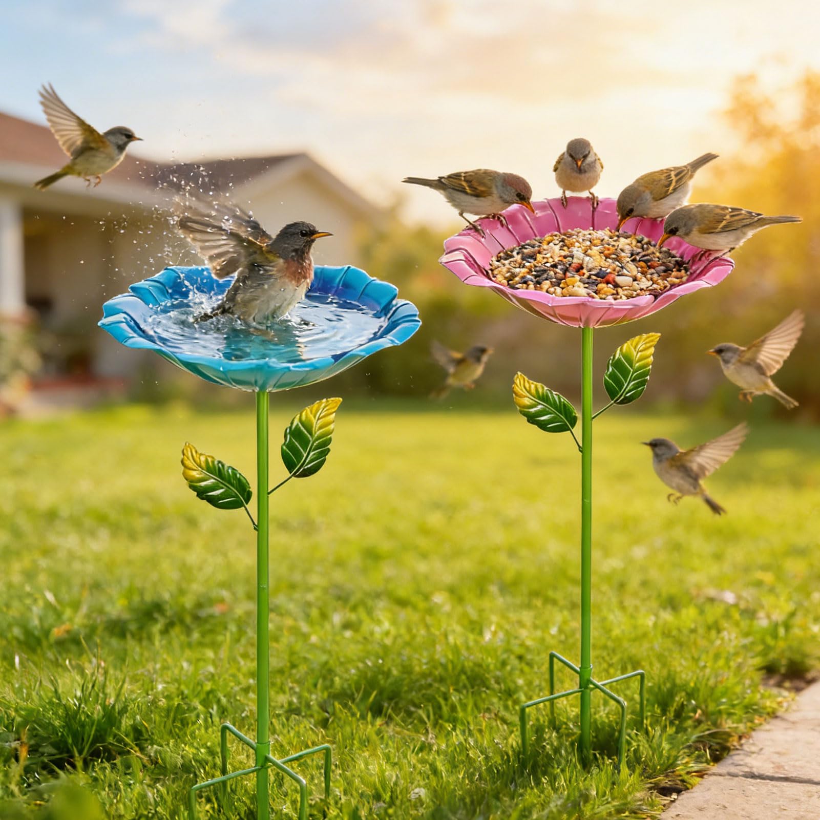 2stk Vogeltränke Stehend, 80cm Metall Blumen Vogeltränke Gartenstecker Mit 5 Bodennägeln, Voge-ltränke Winterfest Frostsicher Rostfreien, Futterstation Vögel Insektentränke Für Garten,Hinterhof(A)