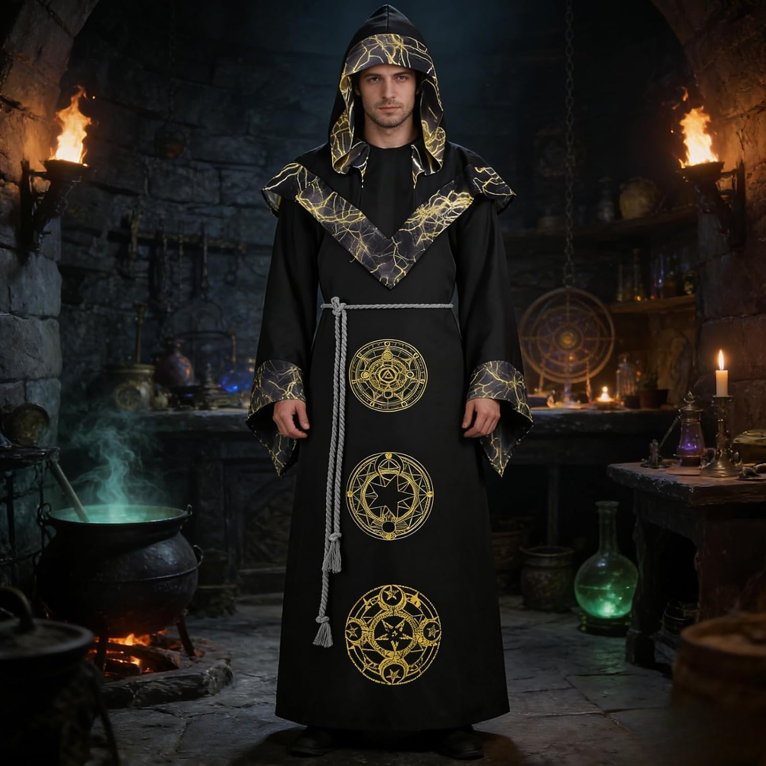 Mens Dark Wizard Costume Mystic Sorcerer Robe Hallowee Medieval Dark Devil Wizard Hooded Cape Halloween Costume