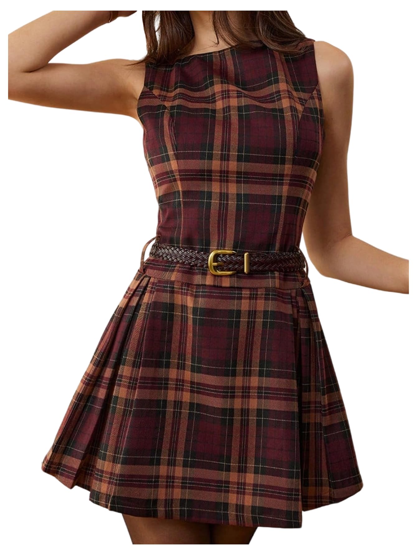 SHENHE Womens Plaid Dress Pleated A Line Sleeveless Elegant Flared Business Work Short Dress