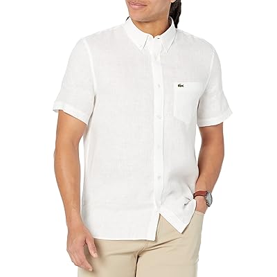Lacoste Short Sleeve Regular Fit Linen Casual Button Down Shirt with Front Pocket Men