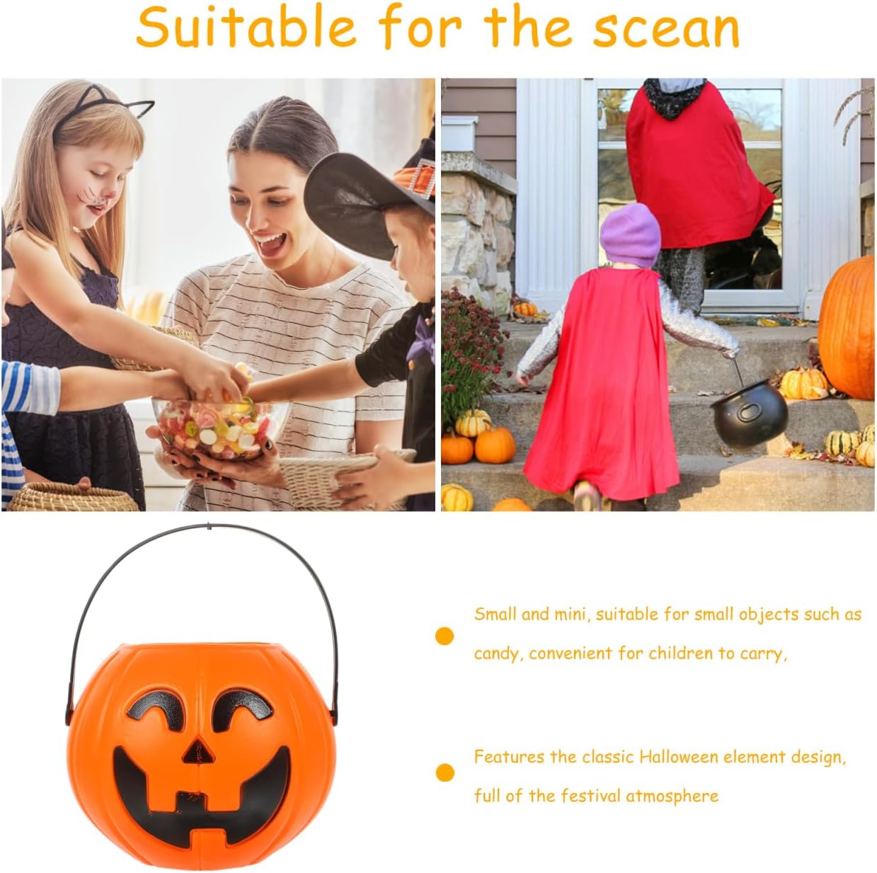 PRETYZOOM 2pcs Pumpkin Buckets: Halloween Pumpkin Candy Holder With Handle - Portable Plastic Trick-or-treat Bucket For Halloween Party Decoration