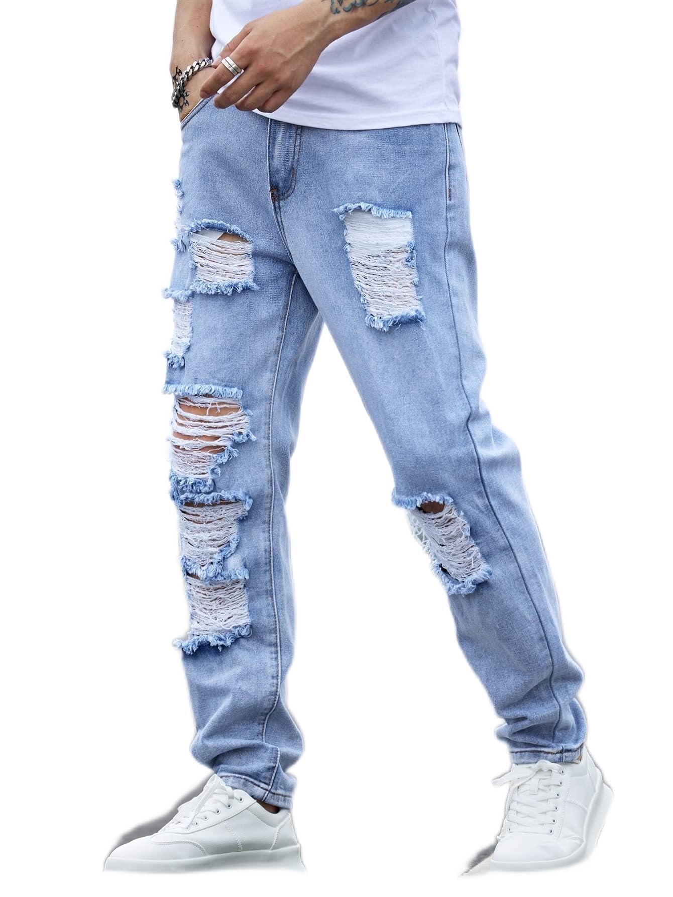 XIALON Jeans for Men - Men Ripped Frayed Cut Out Jeans (Color : Light Wash, Size : Small)