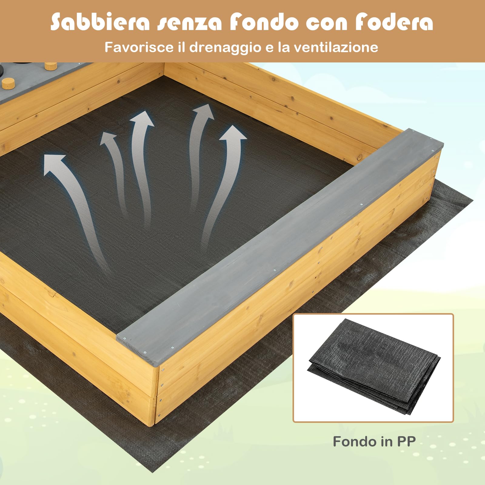 RELAX4LIFE Sabbiera per Bambini, Area Esterna in Legno con Fodera Inferiore, Zona Cucina Creativa, Accessori da Cucina Completi, Seduta a Panca, Sabbiera per Cortile, Spiaggia, Giardino