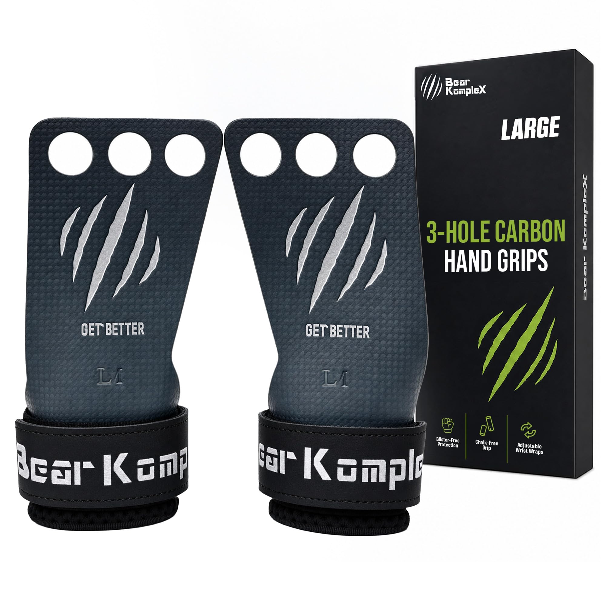 Bear KompleX 2-3 Hole Carbon Hand Grips for Weight Lifting, Cross Training and Gymnastics, Durable Workout Grips with Wrist Wraps, Comfortable Lifting Straps &amp; Workout for Gymnastic Bars
