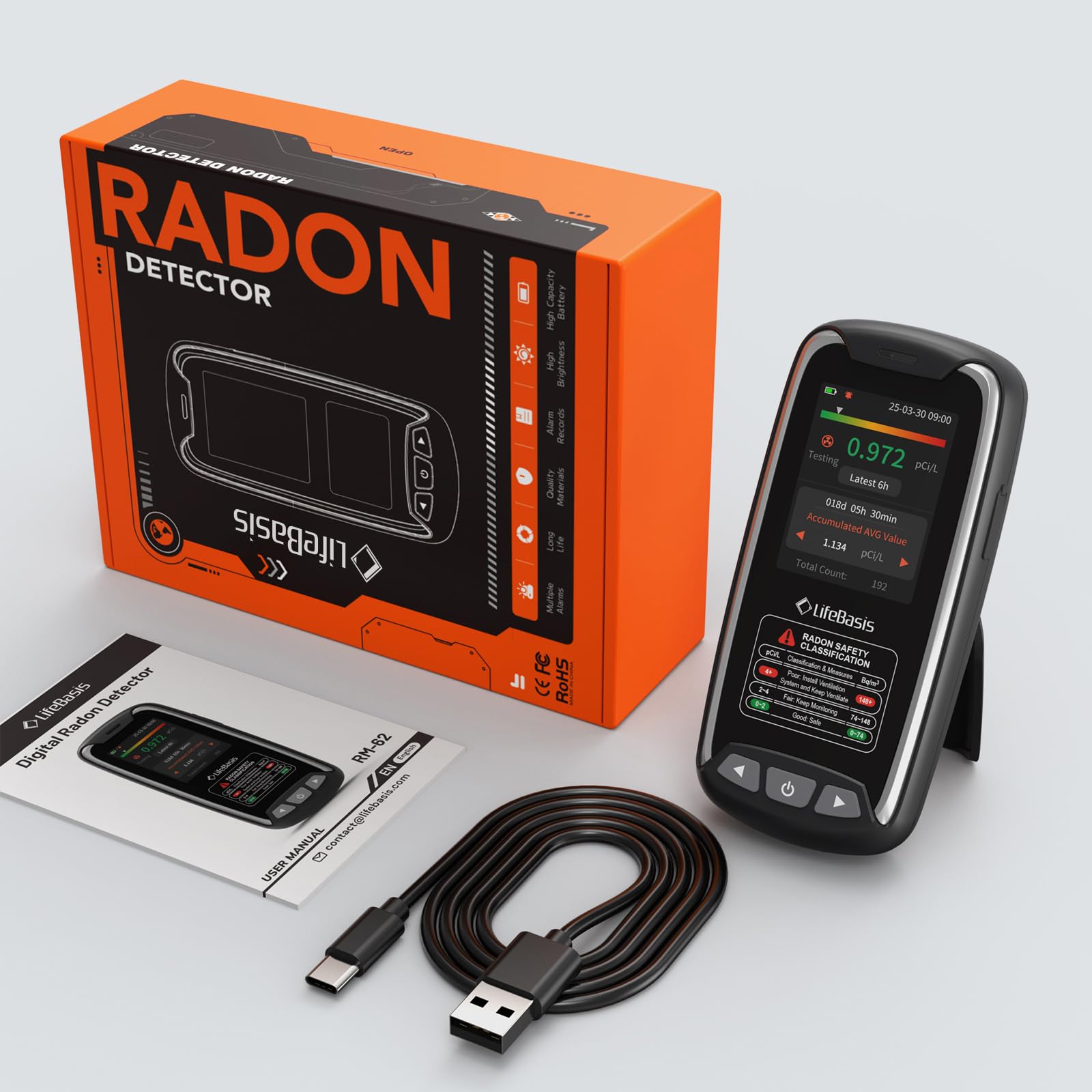 LifeBasis Radon Messgerät tragbar wiederaufladbarer Radonmonitor für Zuhause hochpräziser Sensor lange Datenspeicherung mit optischem und akustischem Alarm erste Datenanzeige in 6 St. Bq/m³ oder pCi/L