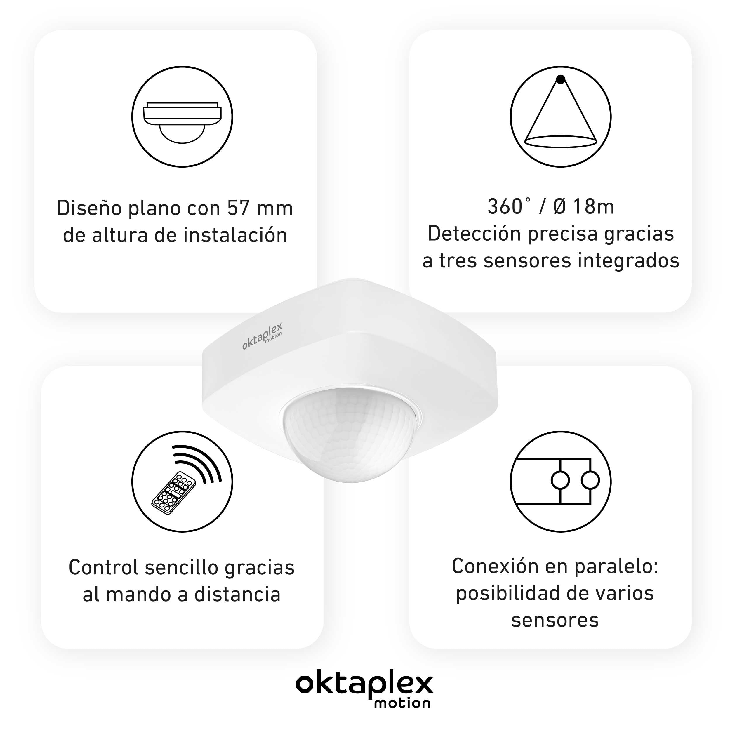 Oktaplex Tim - Juego de 2 sensores de movimiento para exteriores (360 grados, incluye mando a distancia, IP65, 230 V), color blanco