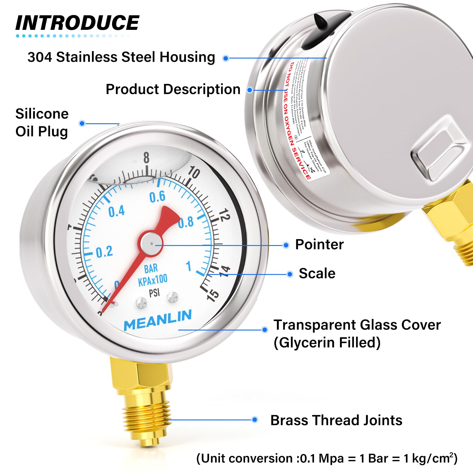 MEANLIN MEASURE 0~1BAR/15PSI Manometro in acciaio inox 1/8" BSP 1.5"FACE DIAL,riempito di glicerina,a liquido,acqua olio aria,montaggio inferiore,con boccola esagonale 1/8" x 1/4"BSP e 1/8" x 3/8"BSP