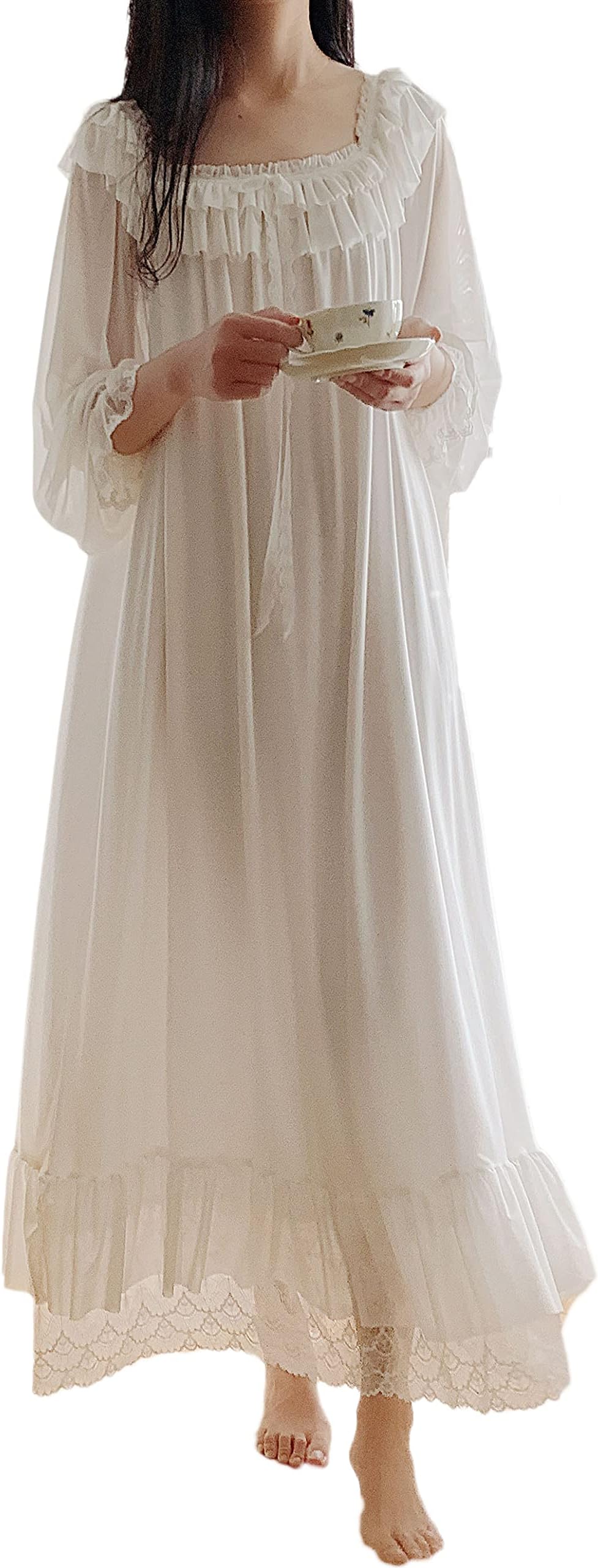 Women's Lace Vintage Victorian Nightgown Long Sleeve Sleepwear Nightdress