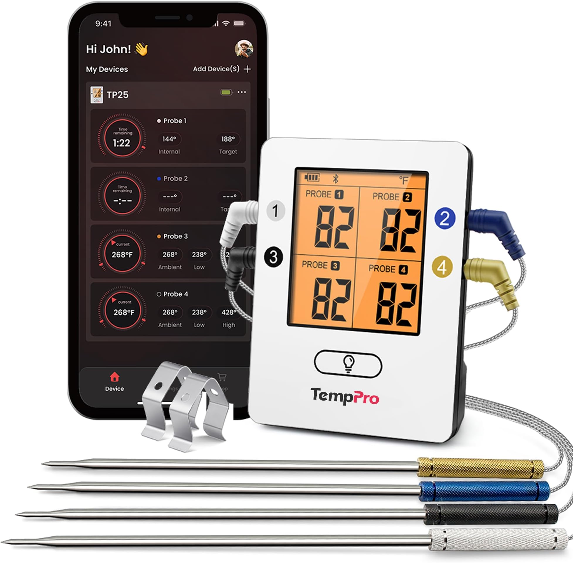 TempSync 650ft Bluetooth Meat Thermometer for Cooking with 4 Probes | Rechargeable Wireless Meat Thermometer for Kitchen Cooking, Grill Thermometer for Outside Grill, BBQ Oven Smoker Thermometer