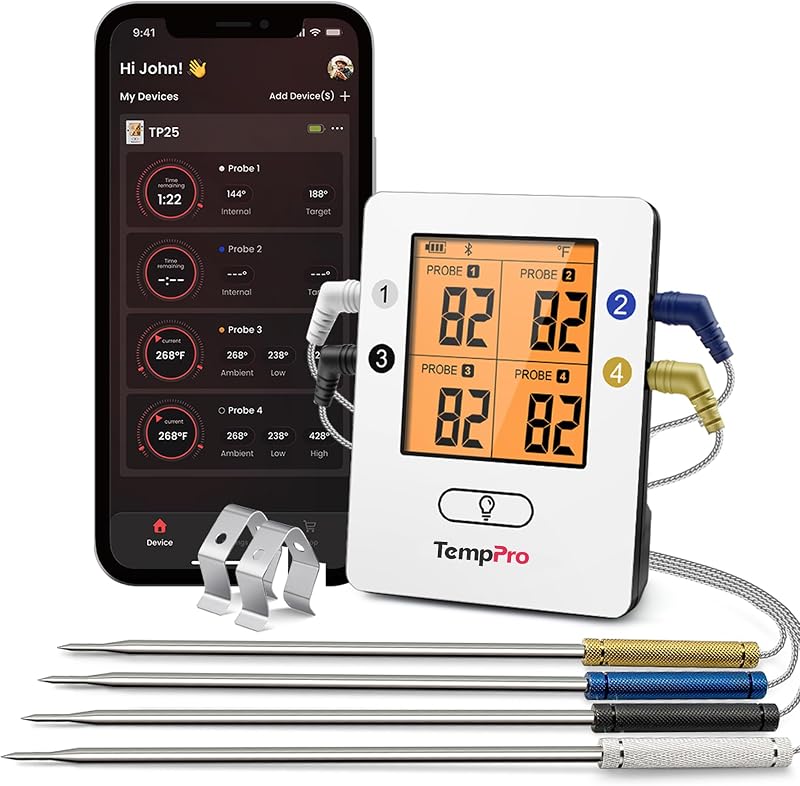 TempPro TempSync Termómetro de carne Bluetooth de 650 pies para cocinar con 4 sondas | Termómetro de carne inalámbrico recargable para cocina, termómetro de parrilla para parrilla exterior, termómetro para ahumador de horno de barbacoa