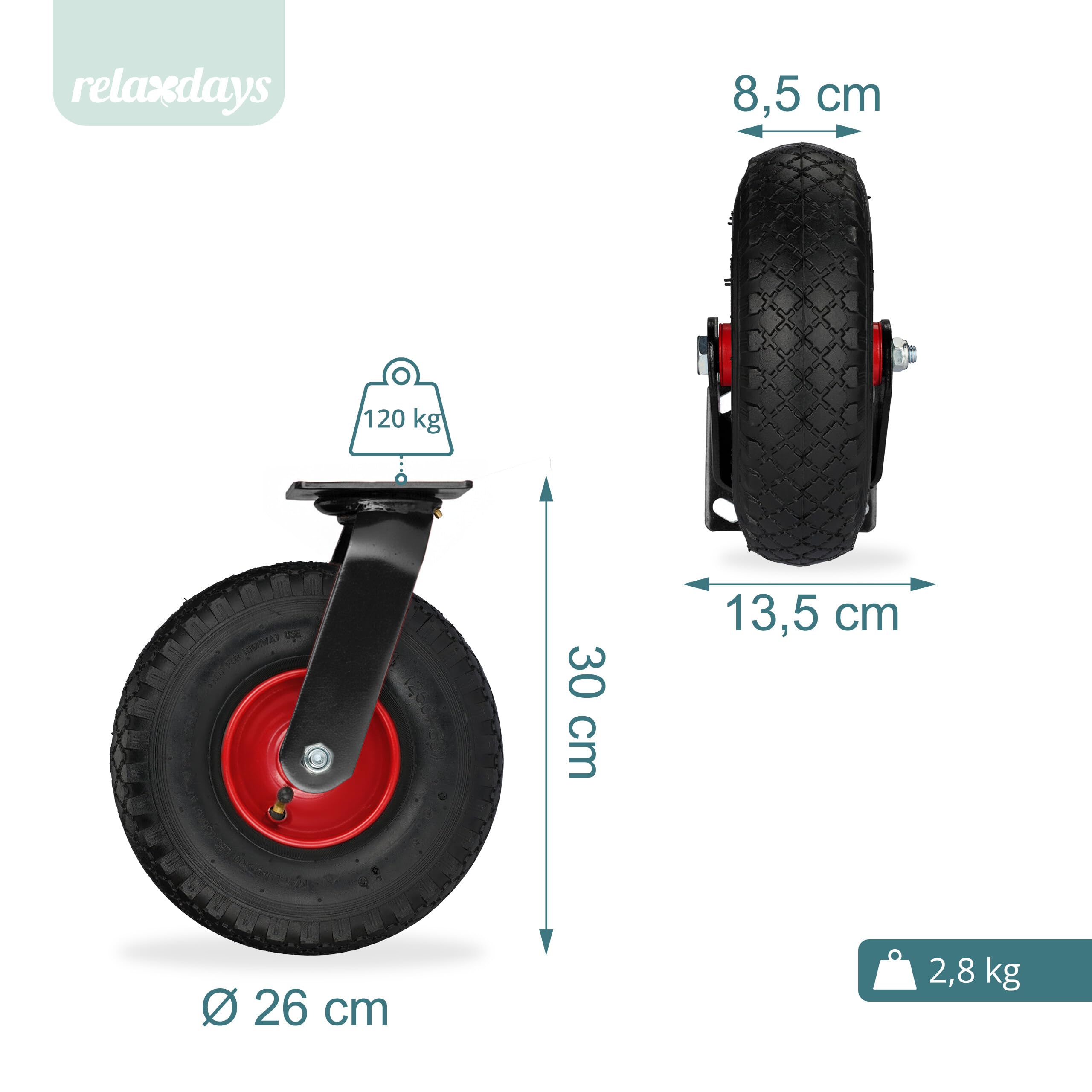Relaxdays Lenkrolle 2er Set, luftbereift, 3.00-4, Schwerlast-Transportrolle, Platte zum Anschrauben, 120 kg, schwarz-rot