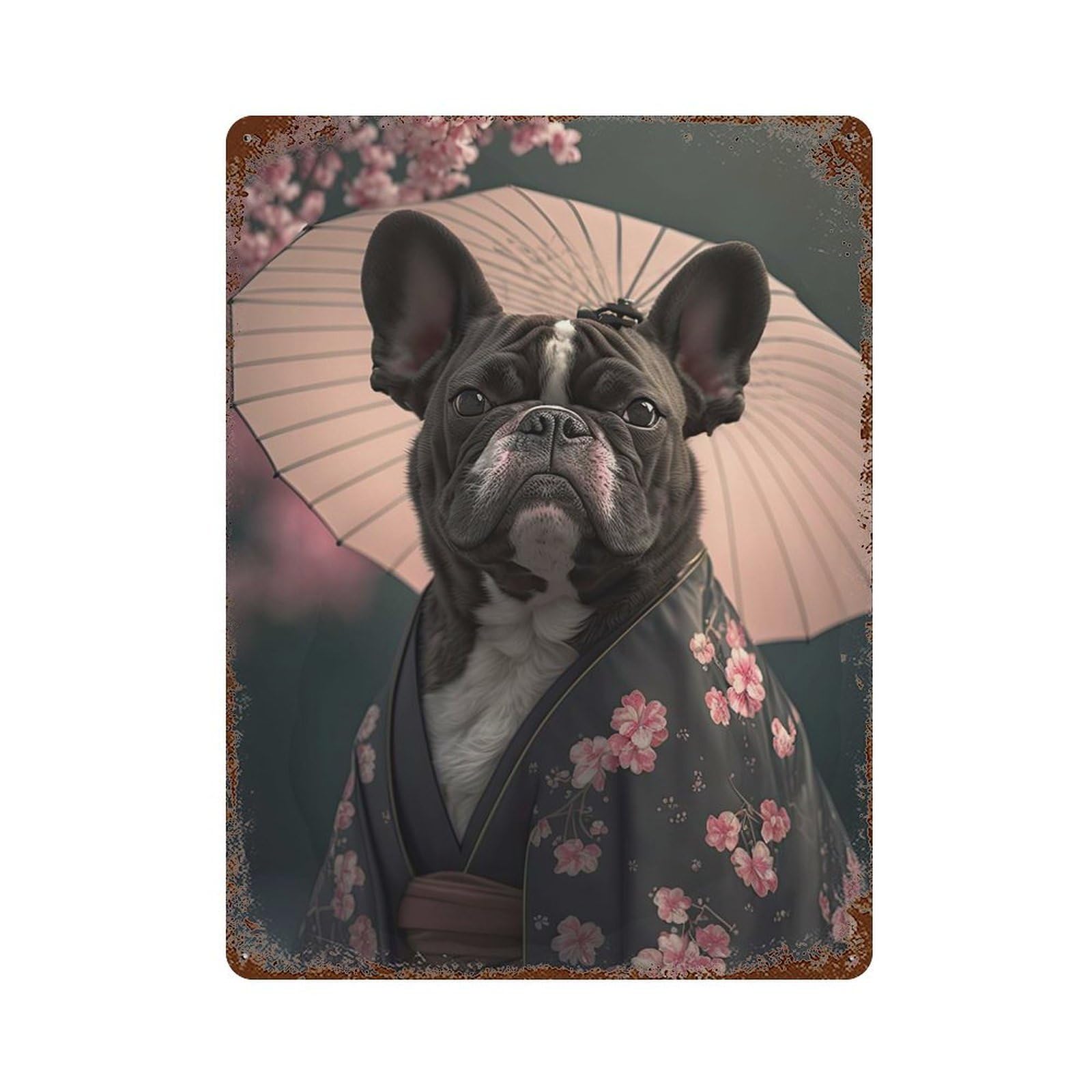 French Bulldog Kimono Weathered Tin Sign 15.7"x11.8", Ideal for Basement, Hobby Room And Garage Decor