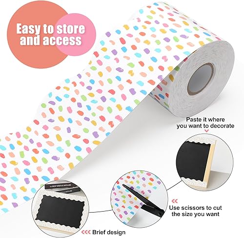 Miniatura 3 de Zonon Bordes de tablón de anuncios de 65 pies, diseño de lunares blancos y negros, bordes decorativos, rectos, festoneados, ondulados, enrollados,