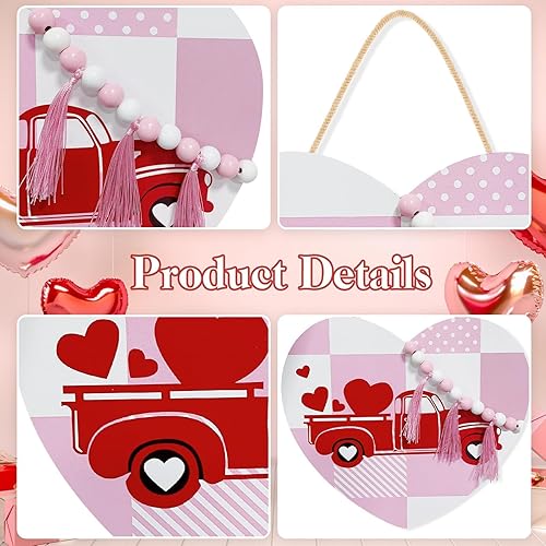 Miniatura 3 de Letrero de madera para puerta de San Valentín de 11.5 x 10.3 pulgadas con cuentas y borlas, letrero colgante de pared a cuadros rosa para boda,