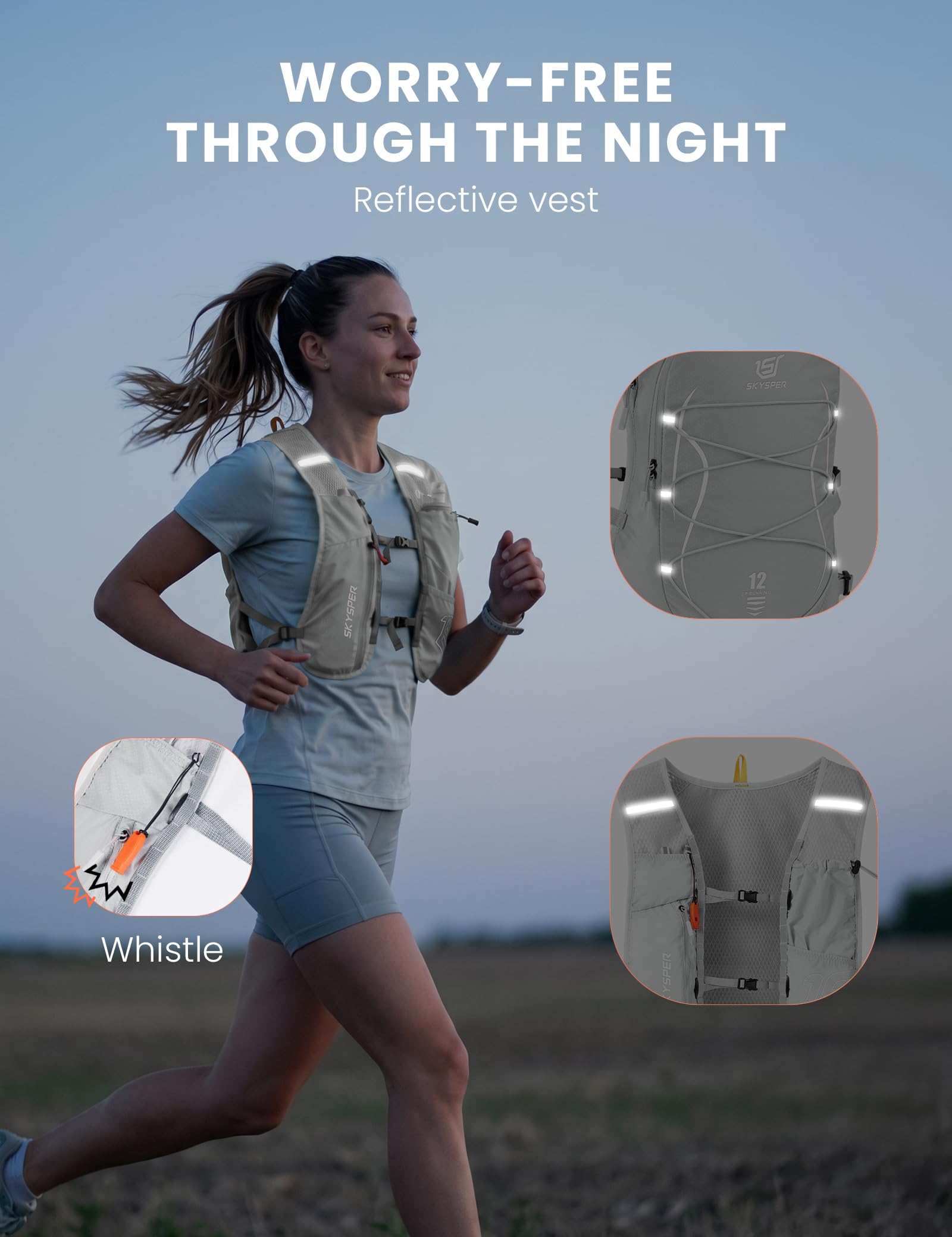 SKYSPER Kamizelka do biegania szlakowego 12 l z butelką 500 ml torba nawilżająca kurtka do biegania odblaskowa oddychająca kieszeń na telefon Mężczyzna Kobieta Maraton Jogging