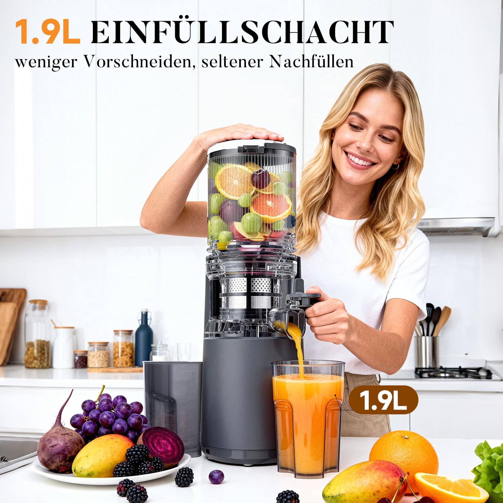 Entsafter Slow Juicer, große Öffnung von 130 mm, 1,9 L Fassungsvermögen, 250 W, Vorwärts/Rückwärtslauf, hoher Ertrag, leicht zu reinigen mit Bürste, schwarz matt