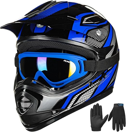ILM Youth Kids ATV Motocross Helmet Goggles Sports Gloves Dirt Bike Motorcycle Off Road DOT Approved B07 (Youth-S, Blue/Silver)