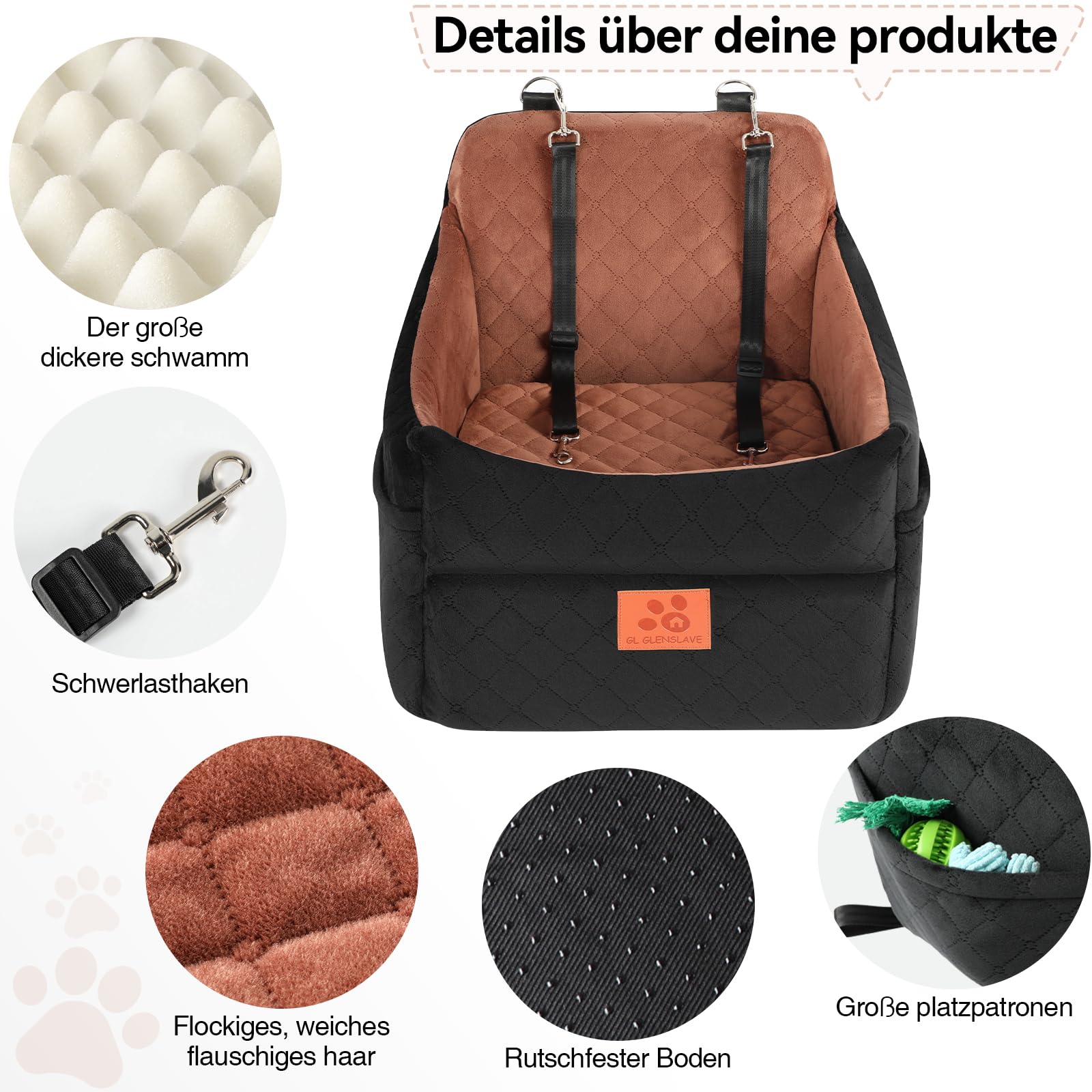 GL GLENSLAVE Hunde-Autositz für kleine/mittlere Hunde, Hundeautositz mit Dicker Polsterung unter 35 Pfund, Abnehmbarer, waschbarer Autositz für Haustiere (schwarz/braun)